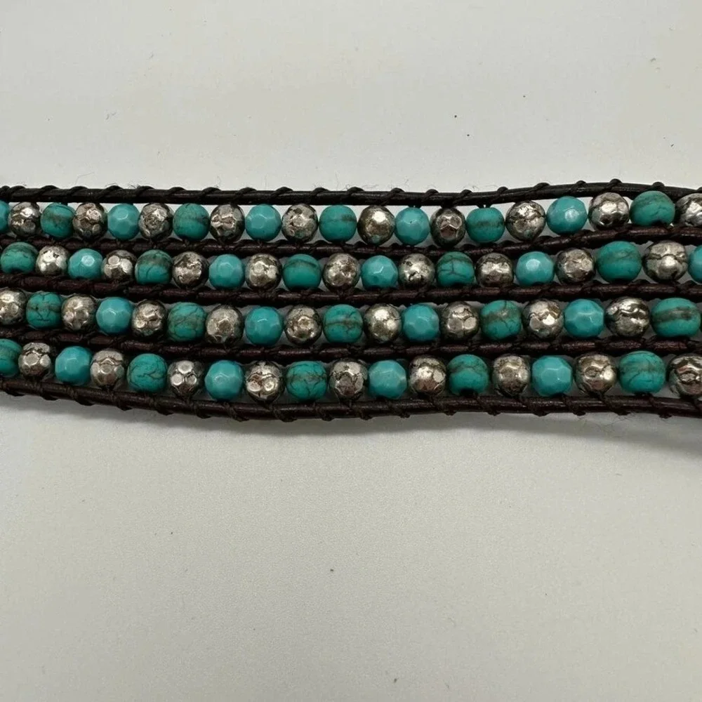 Fik Yung Boho Turquoise‎ Silver Tone Beaded Wrap Bracelet Brown Leather Snap